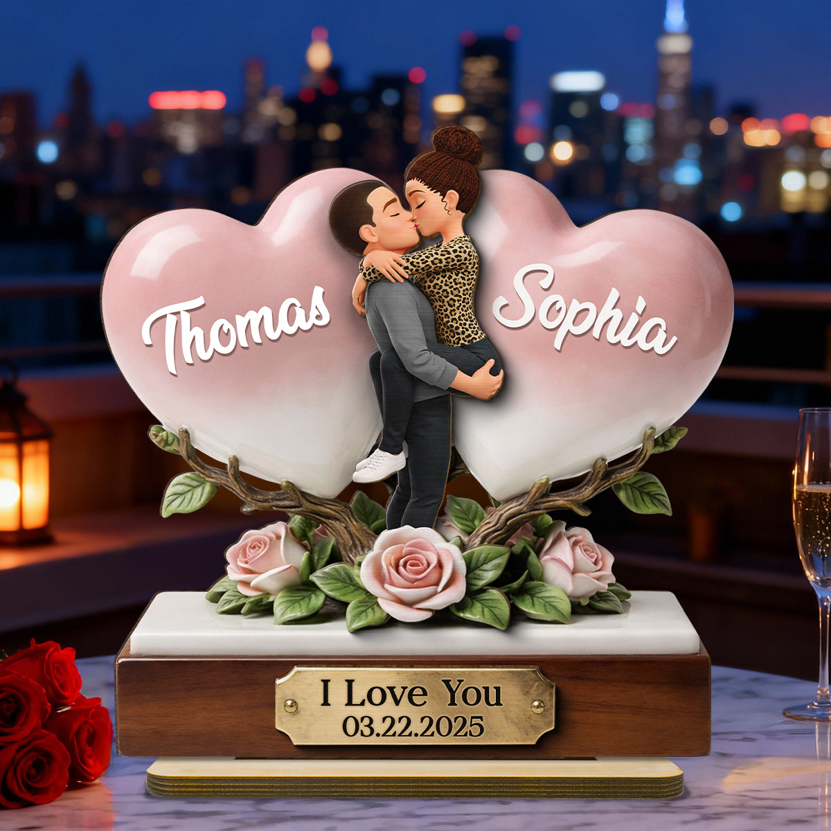 I Love You Couple Heart Rose - Personalized 2-Layered Wooden Plaque - Anniversary, Valentine's Day Gift, Gift For Him, Gift For Her