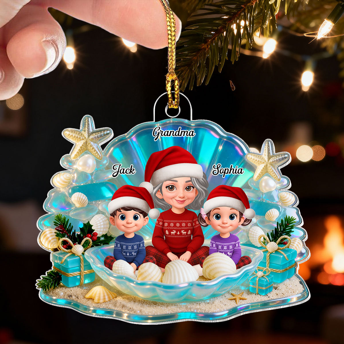 3D Effect Seashell Grandma Grandkids Christmas Together - Personalized Acrylic Ornament