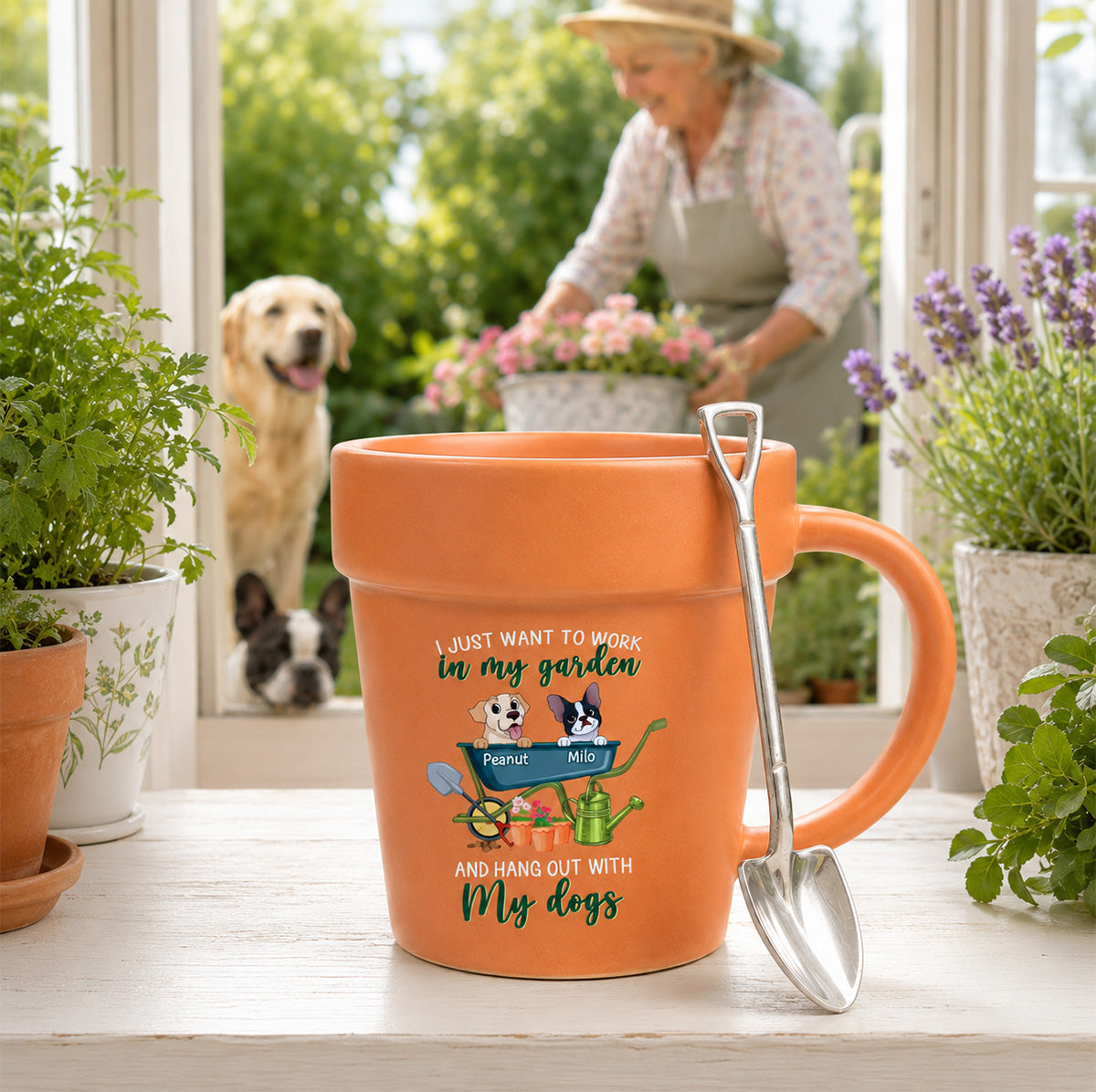 Just Want To Work In My Garden With My Dogs - Personalized Plant Pot Ceramic Mug - Gift For Gardening Lovers