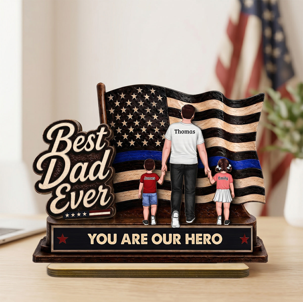 Best Dad Ever Our Hero American Flag 2D Flat - Personalized 2-Layered Wooden Plaque -  Gift For Patriotic Dad, Grandpa, Husband