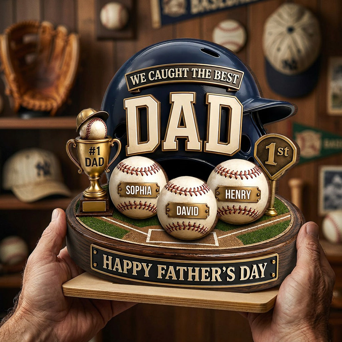Baseball Trophy We Caught The Best Dad - Personalized 2-Layered Wooden Plaque -  Gift For Dad, Husband