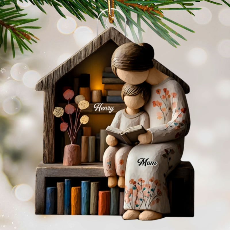 Mom And Daughter Son Reading Book Faux Wood - Personalized Acrylic Ornament - Heartwarming Christmas Gift For Mom, Family