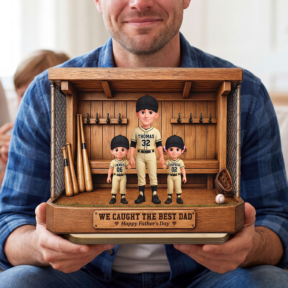 Baseball Dugout Dad And Kids We Caught The Best Dad - Personalized 2-Layered Wooden Plaque -  Gift For Dad