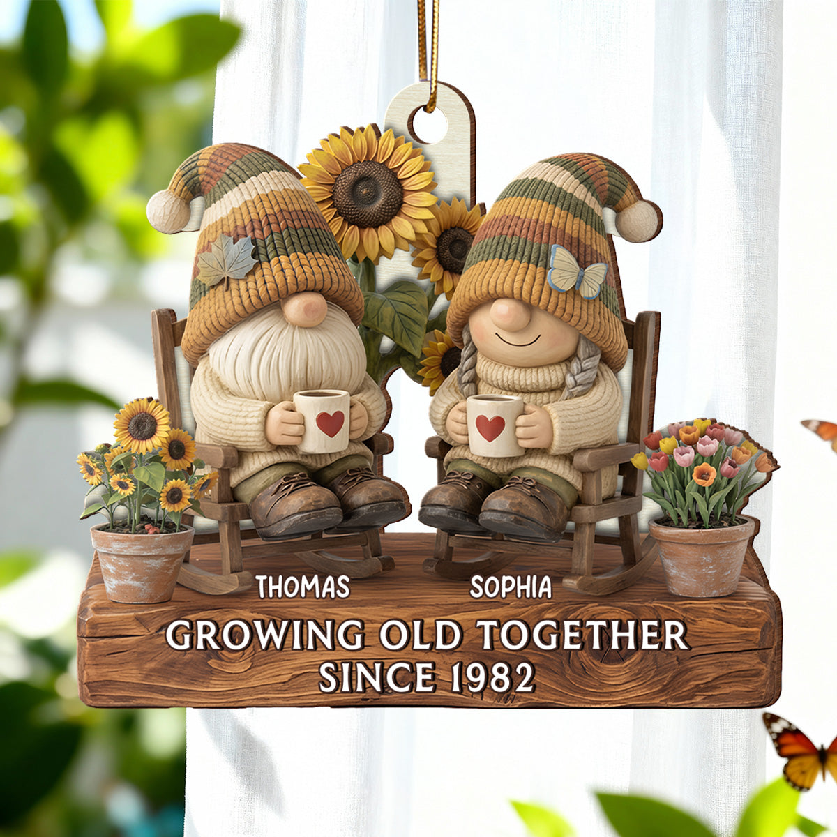 3D Effect Vintage Gnome Couple Grow Old Together - Personalized Wooden Ornament