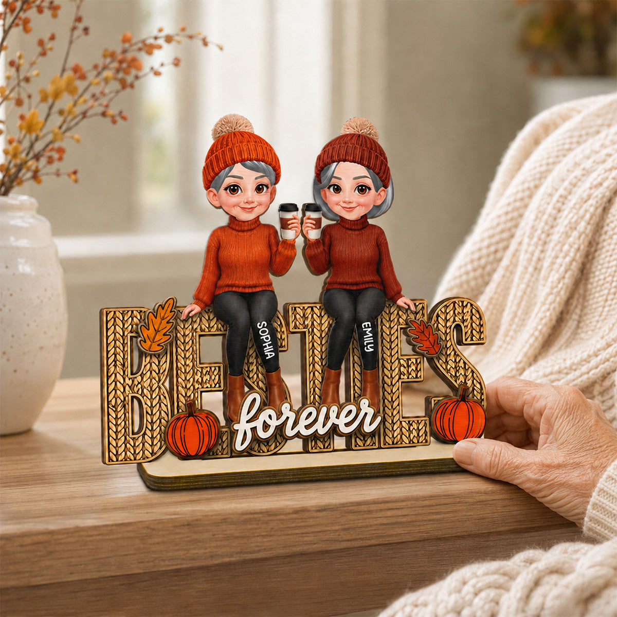 Besties Sisters Fall Season Knit Pattern - Personalized Wooden Plaque