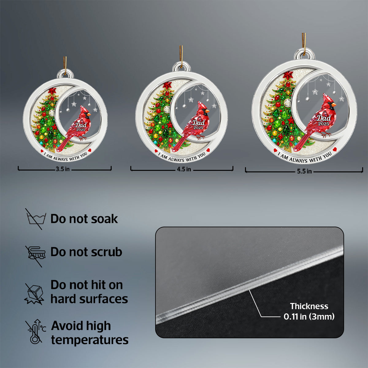 2D Flat Crystal Effect Cardinal Memorial - Personalized Acrylic Ornament - Remembrance Keepsake, Sympathy Gift