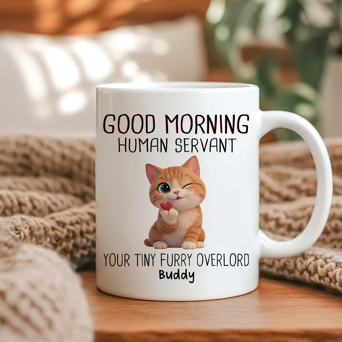 Good Morning Human Servant Cute Fluffy Cats - Personalized Mug - Funny Gift for Cat Moms, Cat Dads
