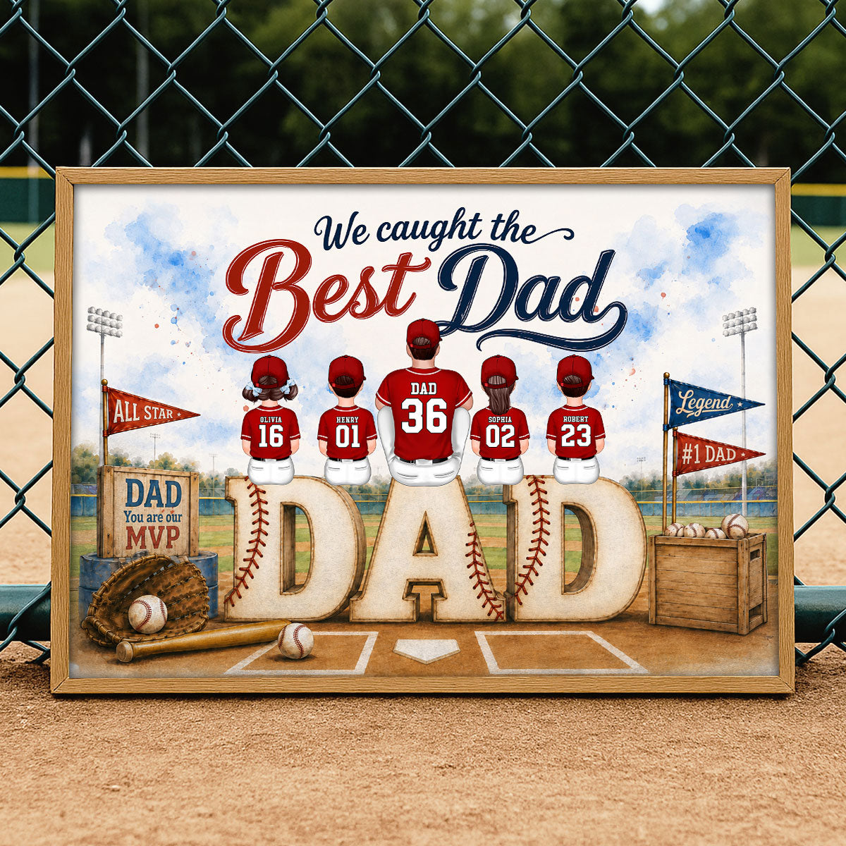 Watercolor Style Baseball Family Daddy's Dream Team - Personalized Poster - Father's Day Gift For Dad, Husband