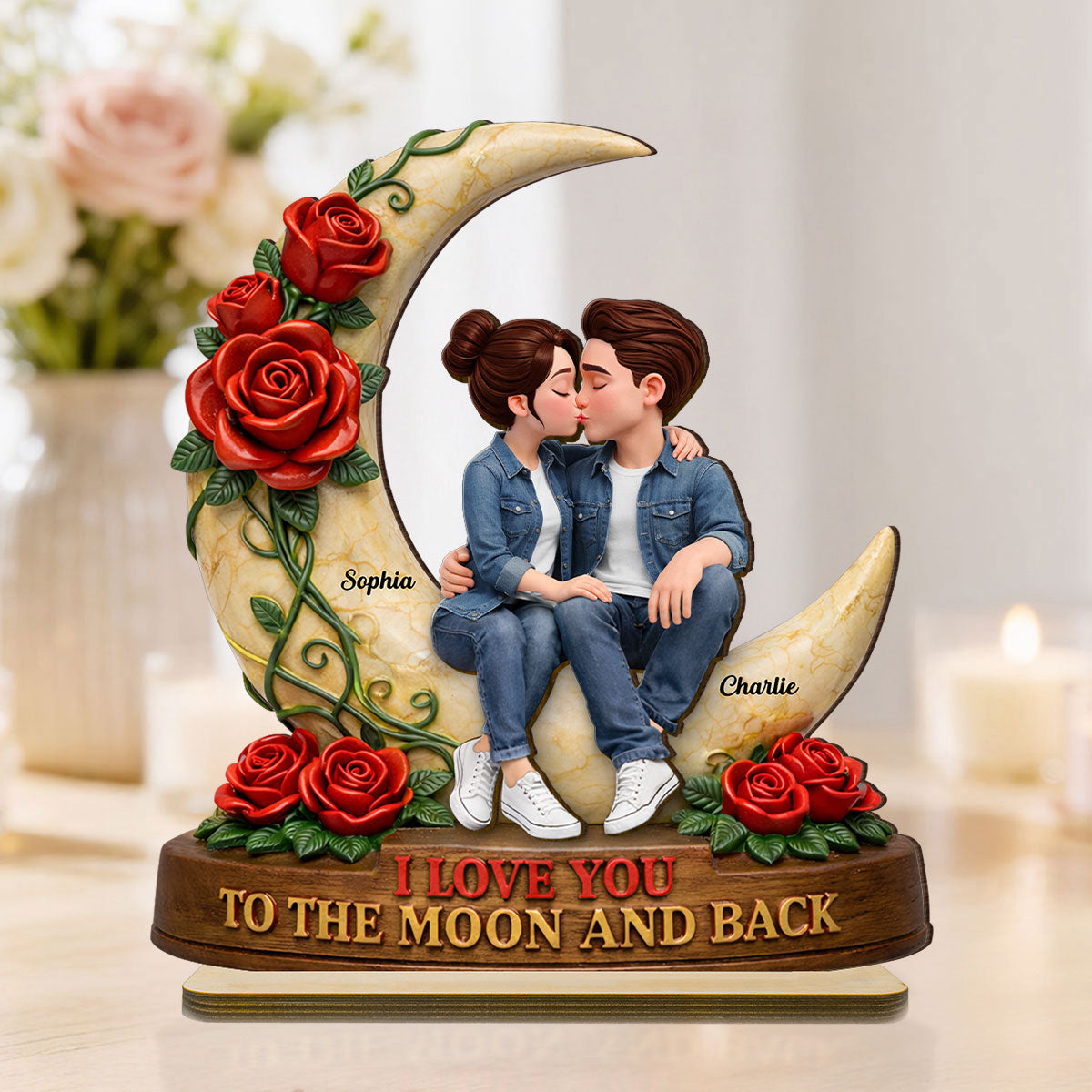 Couple Eternal Love to the Moon and Back - Personalized 2-Layered Wooden Plaque - Sentimental Valentine's Day Gift for Her, for Him