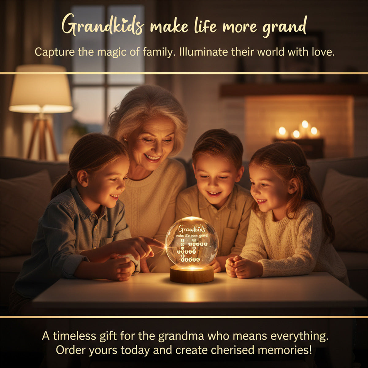 Grandkids Make Life Grand Crossword Puzzle Art - Personalized Crystal Ball Night Light