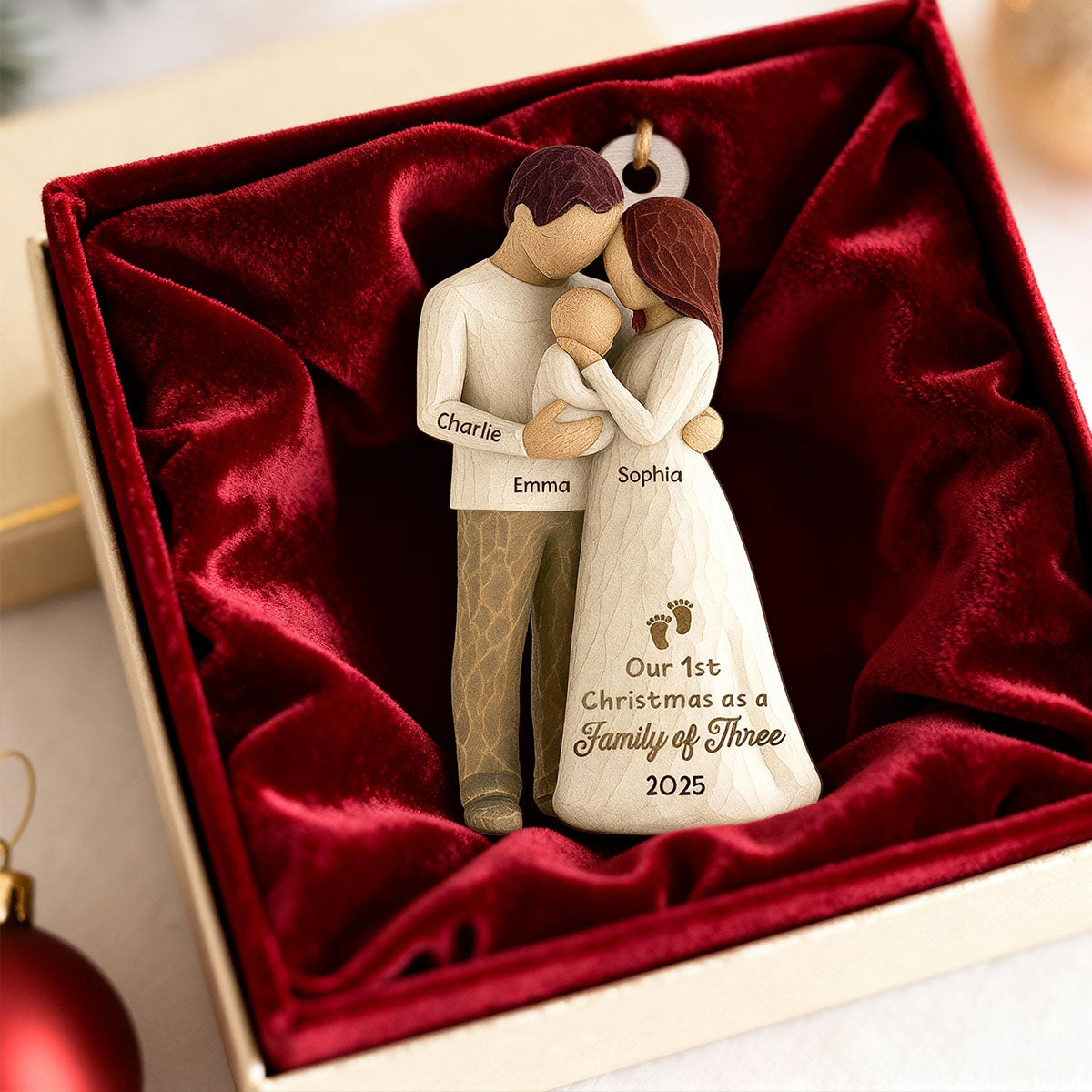 3D Effect First Christmas As Family Of Three Mom Dad & Baby - Personalized Car Hanger