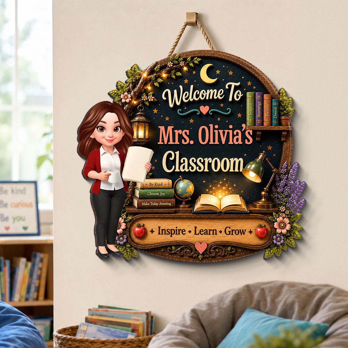 Inspire Grow Learn Fantasy Teacher - Personalized Wood Sign - Back To School Gift For Teacher, Classroom Decor