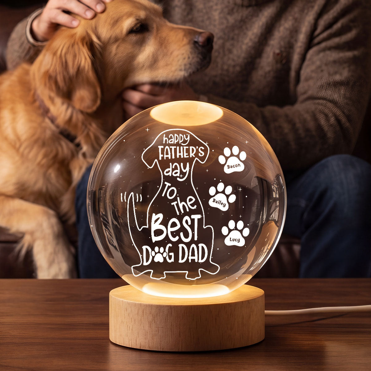 Happy  Dog Dad - Personalized Crystal Ball LED Night Light - Heartfelt  Gift for Husband