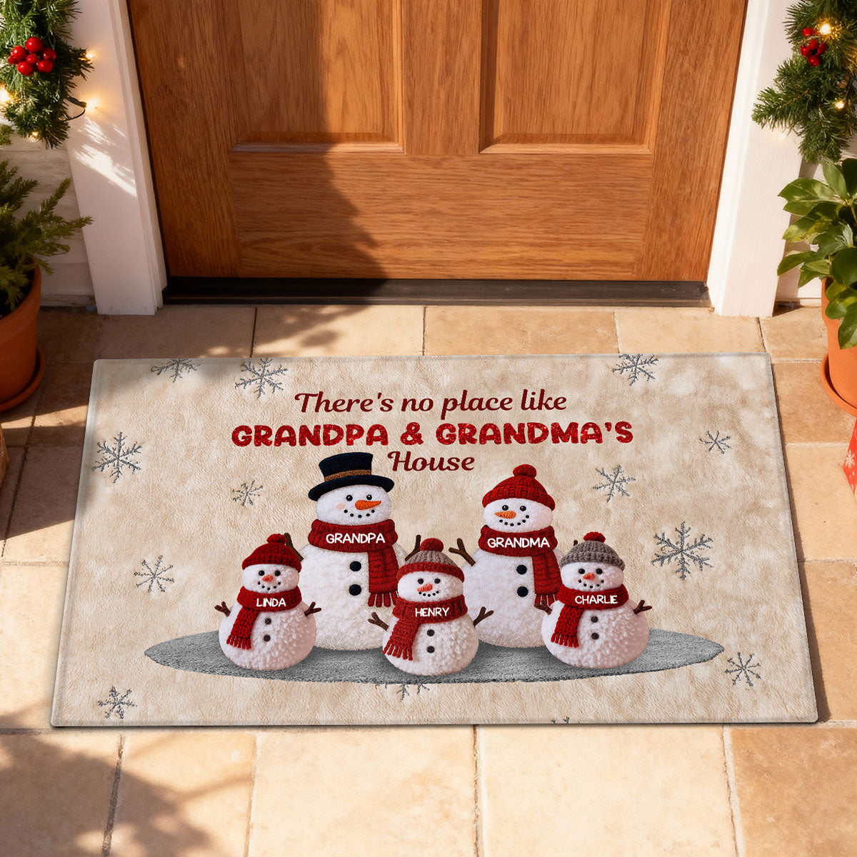 3D Effect Fleece Texture Christmas Grandma Grandkids Snowman Together - Personalized Doormat