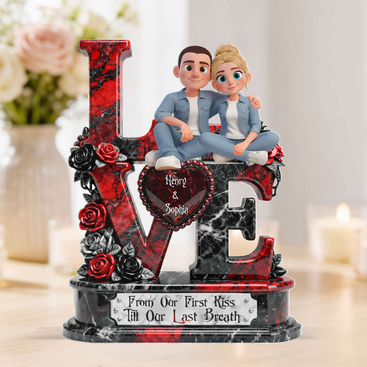 Couple Dark Romantic From Our First Kiss - Personalized Acrylic Block Plaque - Anniversary, Valentine's Day Gift, Gift For Him, Gift For Her