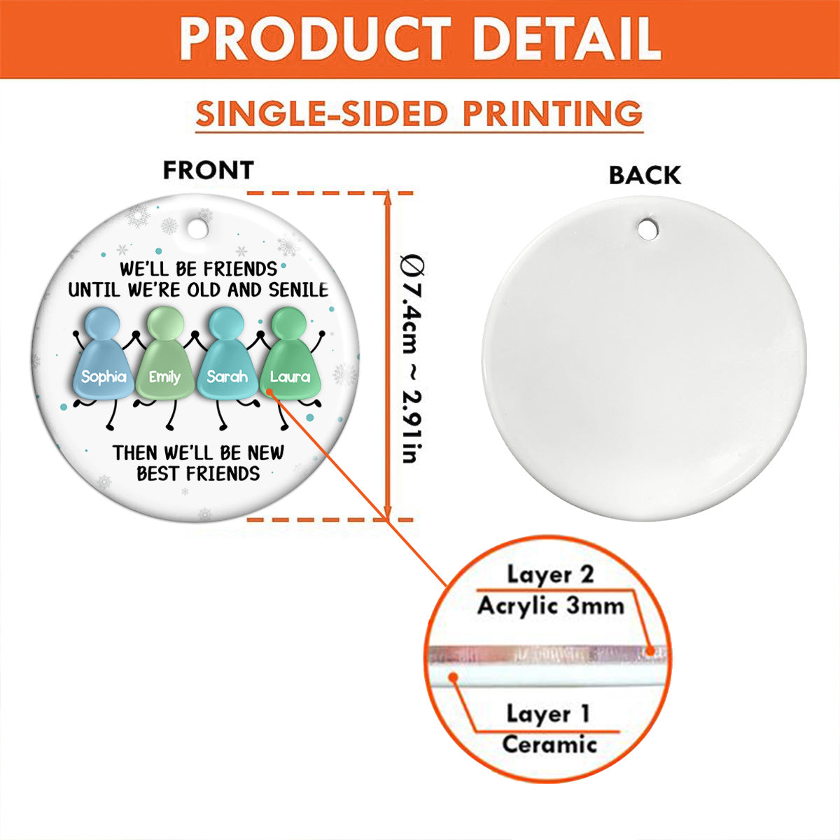 3D Sea Glass Effect Christmas Happy Besties - Personalized Ceramic Ornament With Acrylic Pieces