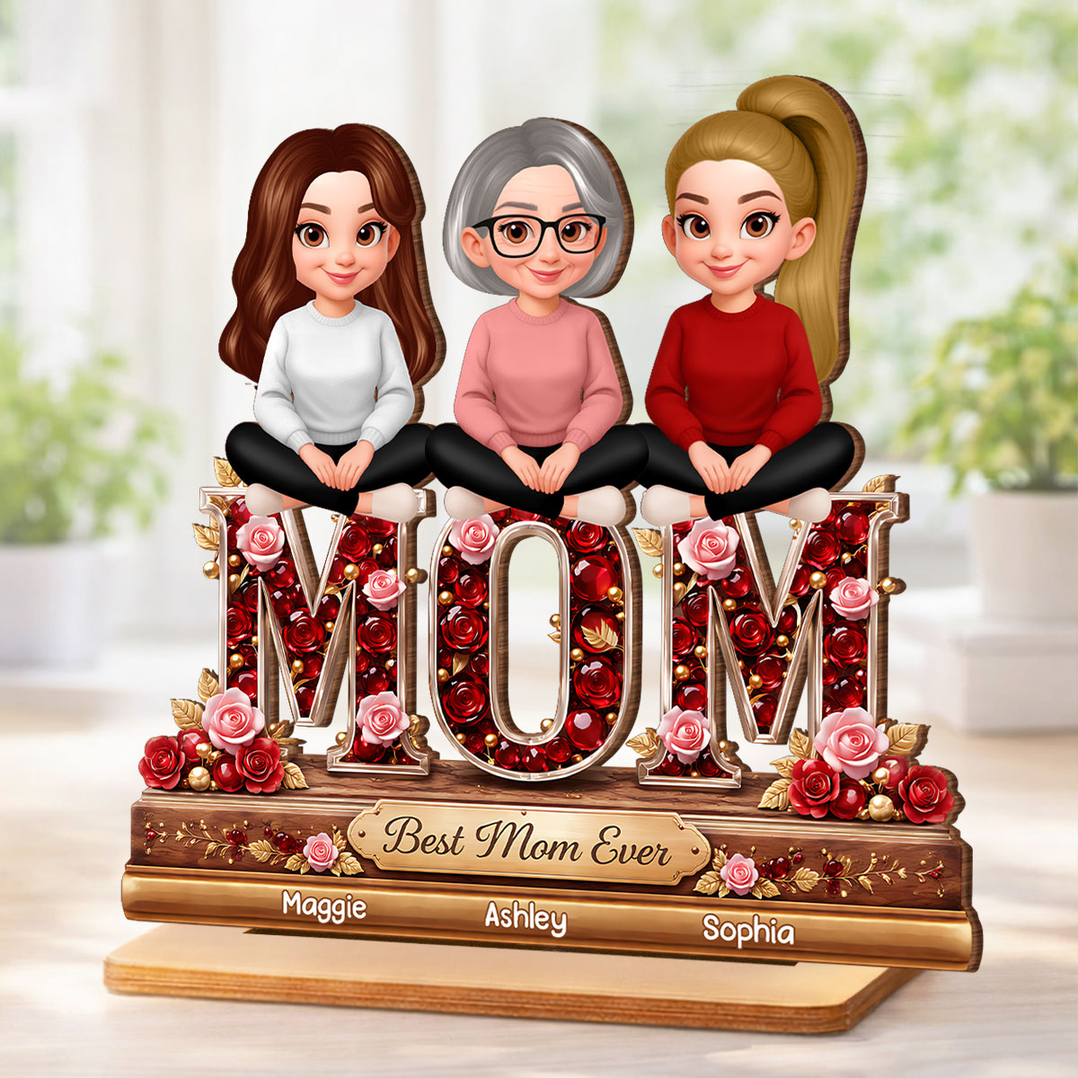Mom Daughters Sons Sitting Best Mom Ever - Personalized 2-Layered Wooden Plaque - Heartfelt Gift For Mom, Grandma