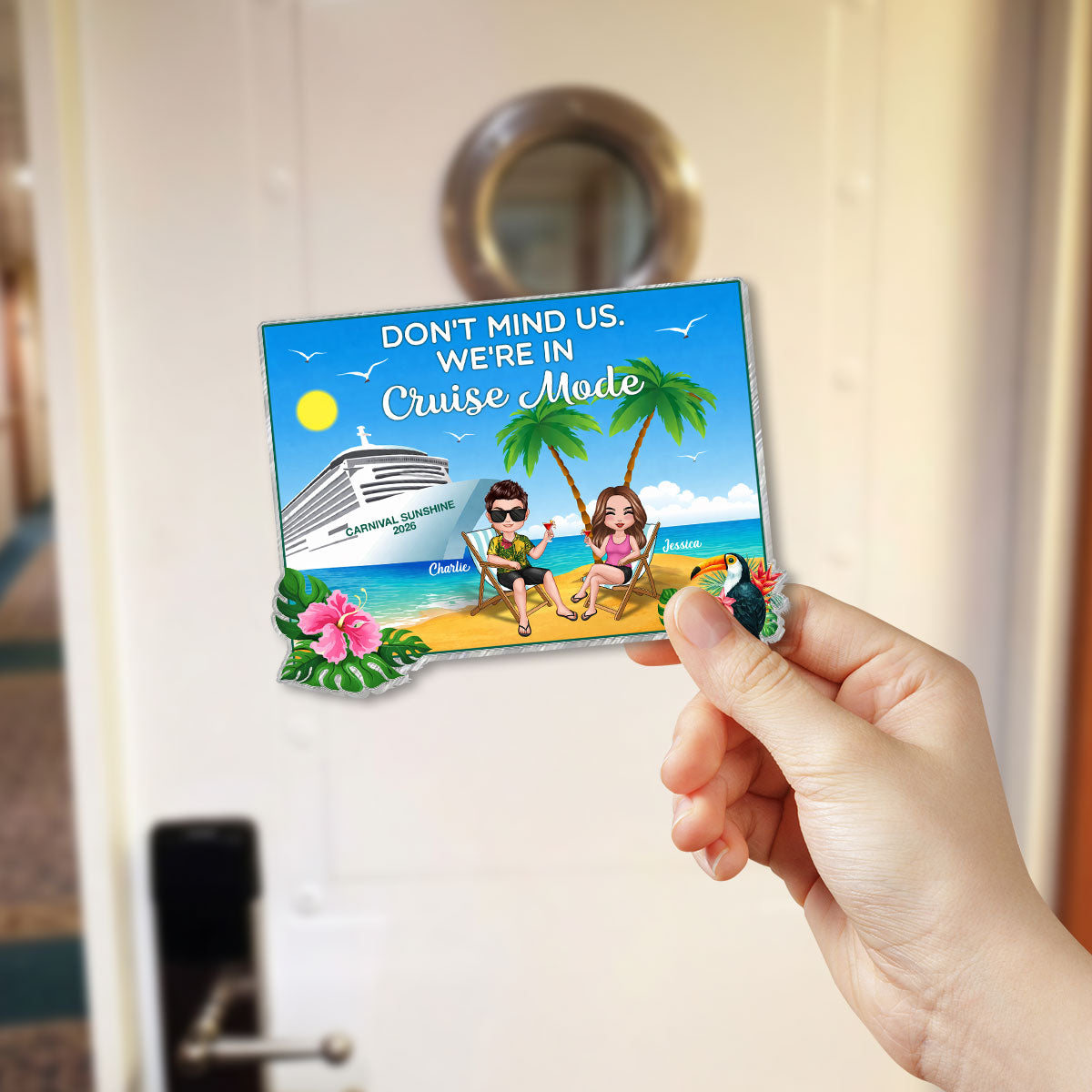 We're In Cruise Mode Doll Couple Sitting On The Beach - Personalized Cruise Ship Door Magnet