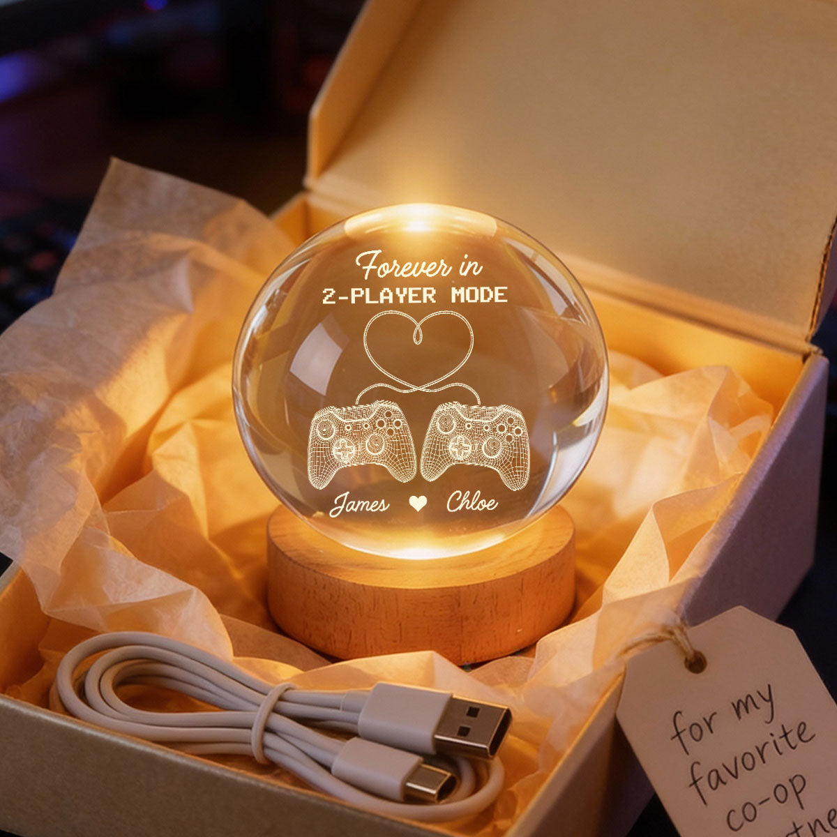 Forever In 2-Player Mode Game Controllers - Personalized Crystal Ball LED Night Light - Gamer Couple Gift