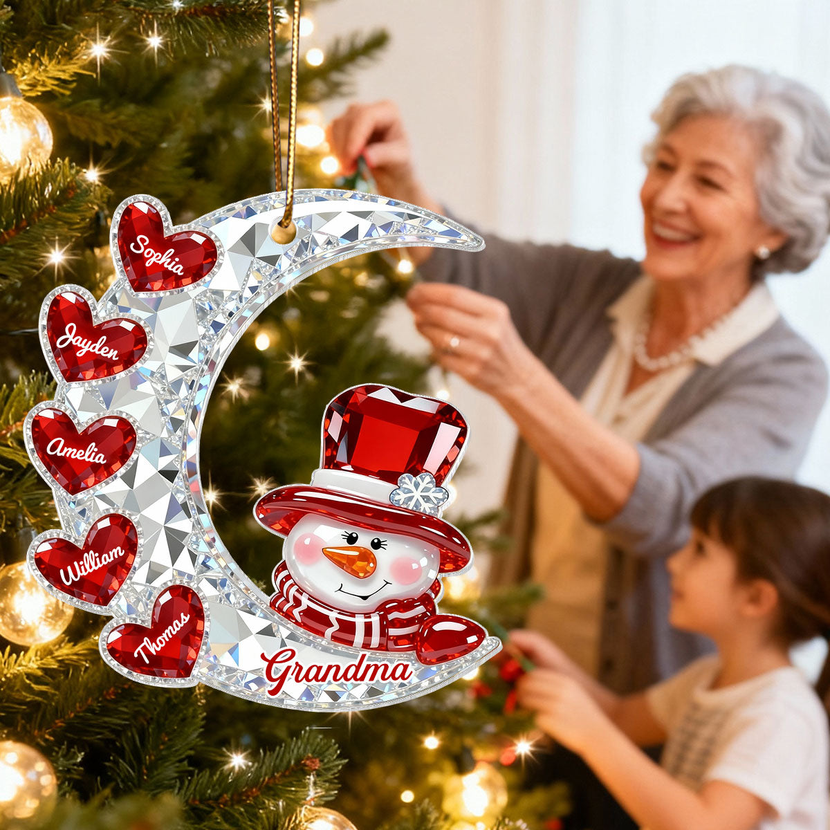 3D Effect Flat Snowman Grandma On Moon Grandkids Hearts Names - Personalized Acrylic Ornament - Gift For Grandma, Grandkids