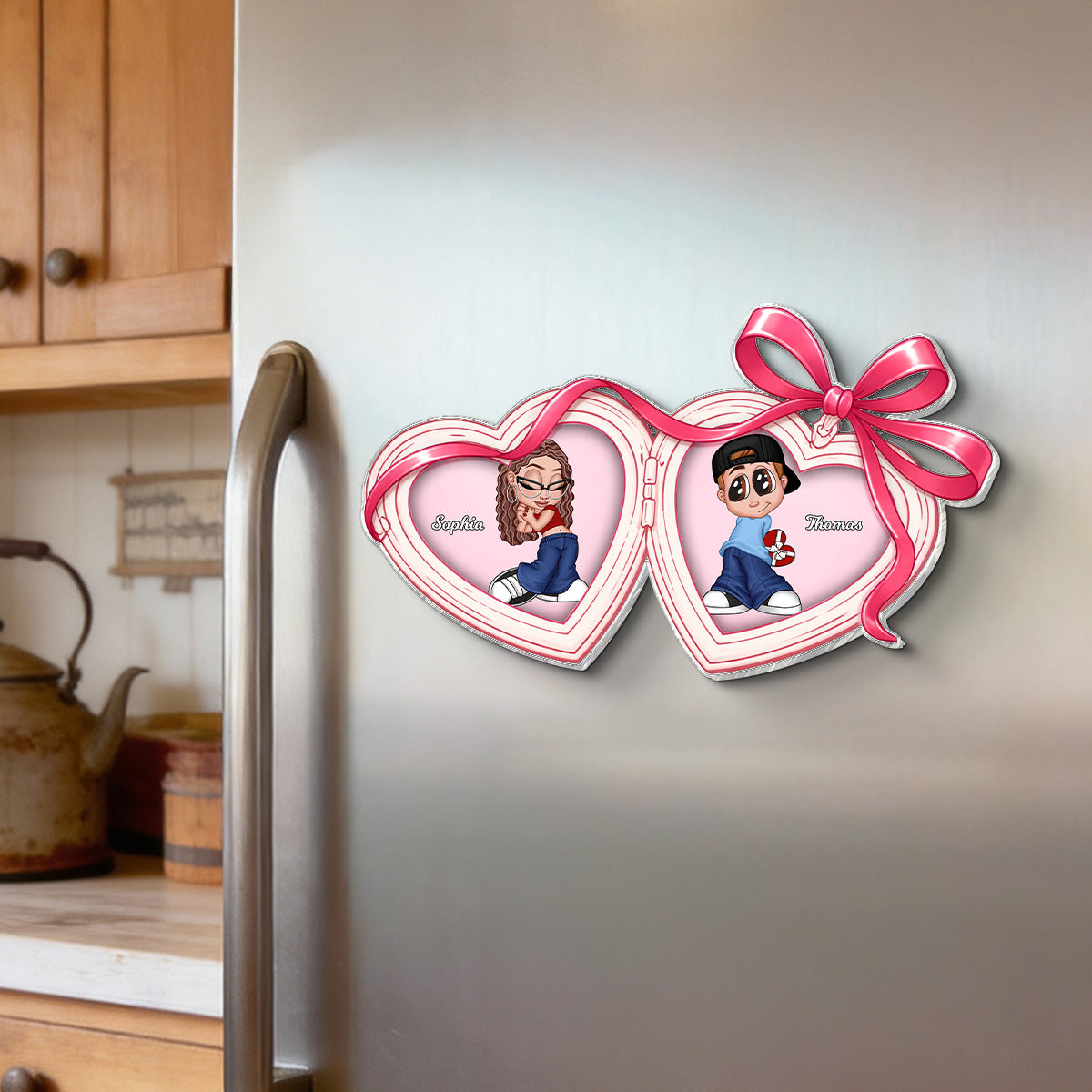 Y2K Couple Custom Coquette Heart Locket - Personalized Acrylic Fridge Magnet - Gift For Her, Gift For Him