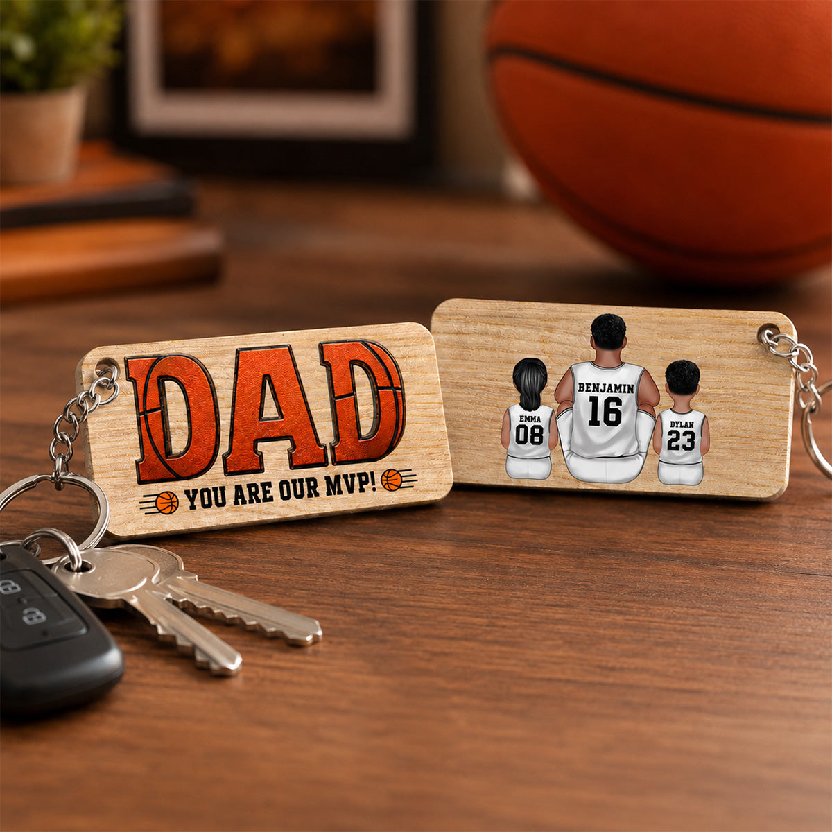 Dad You Are Our MVP Sitting Basketball Man & Kids - Personalized Wooden Keychain - Father's Day Gift For Basketball Dad