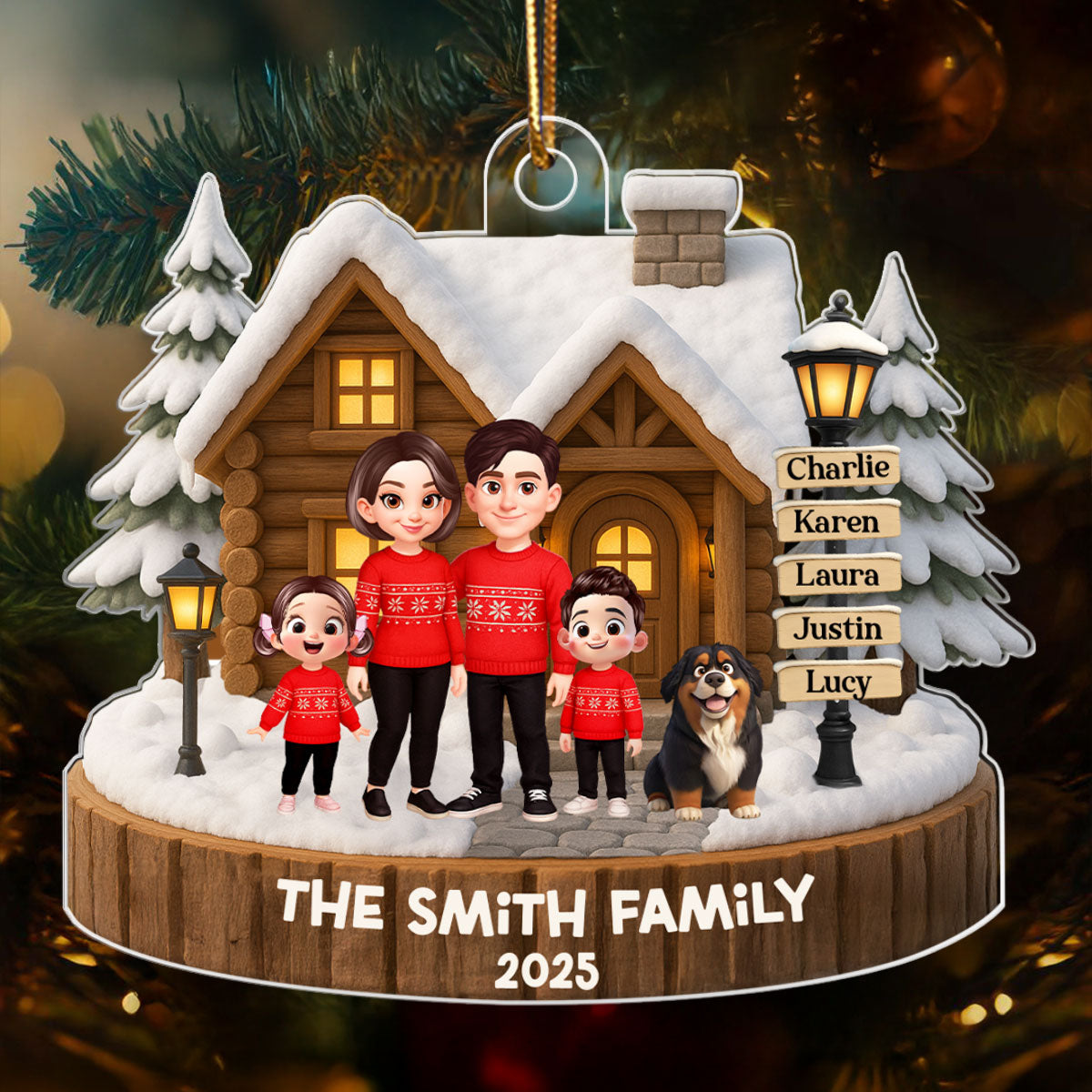Family Wooden House Sign Post - Personalized Acrylic Ornament - Christmas Gift for Family