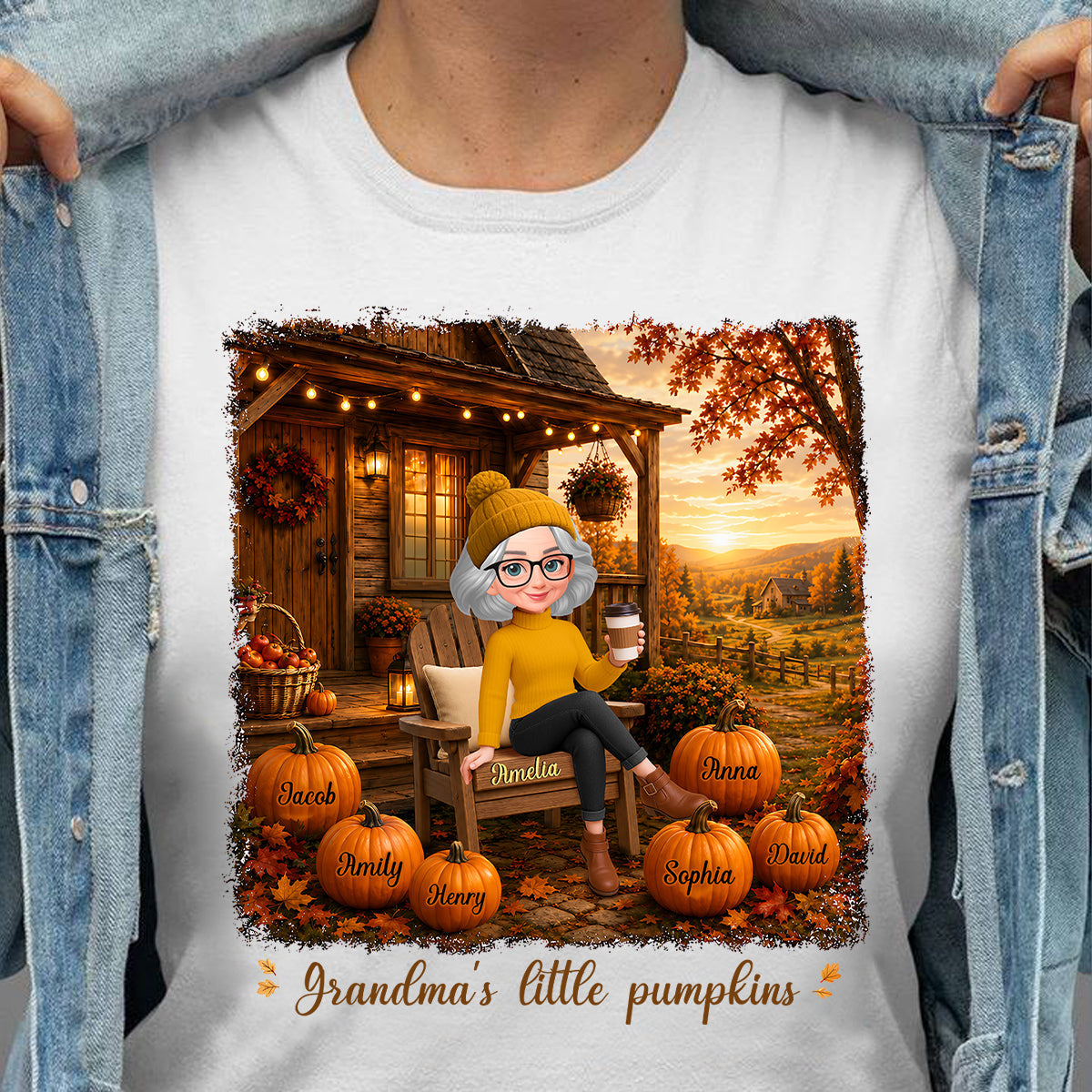 Grandma Sitting On Porch Grandkids - Personalized Shirt - Fall Season Gift, Gift For Grandma