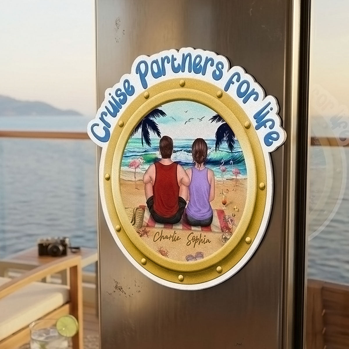 Cruise Partners For Life Porthole Back View Couple Sitting On The Beach - Personalized Cruise Ship Door Magnet