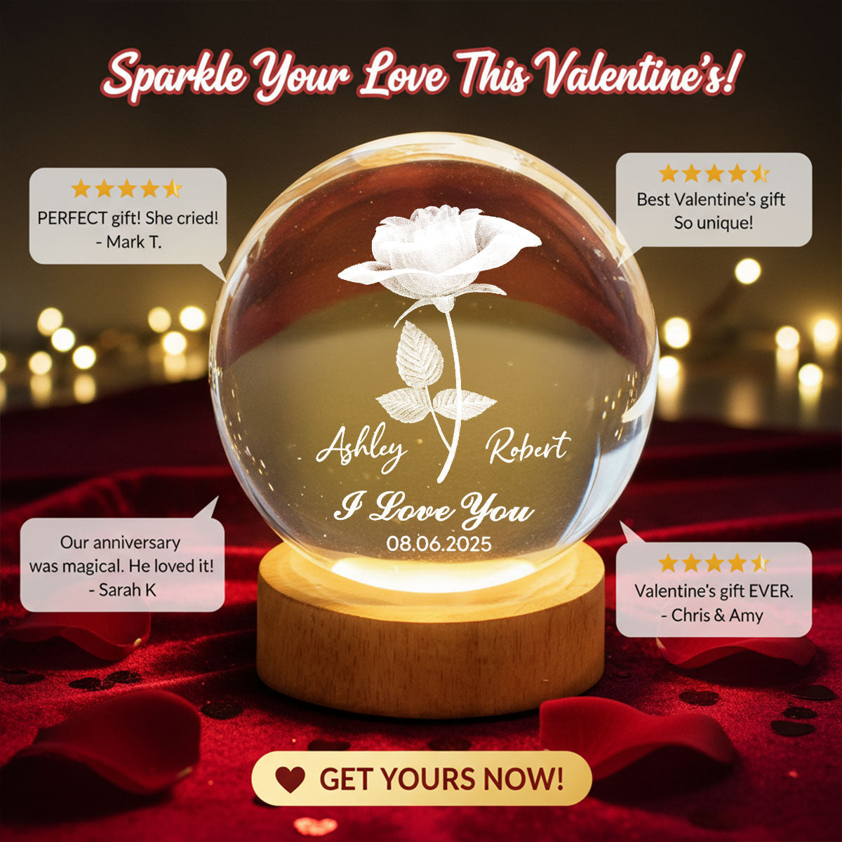 Eternal Love Rose I Love You - Personalized Crystal Ball LED Night Light - Valentine's Day Gift For Couple, For Her, For Him