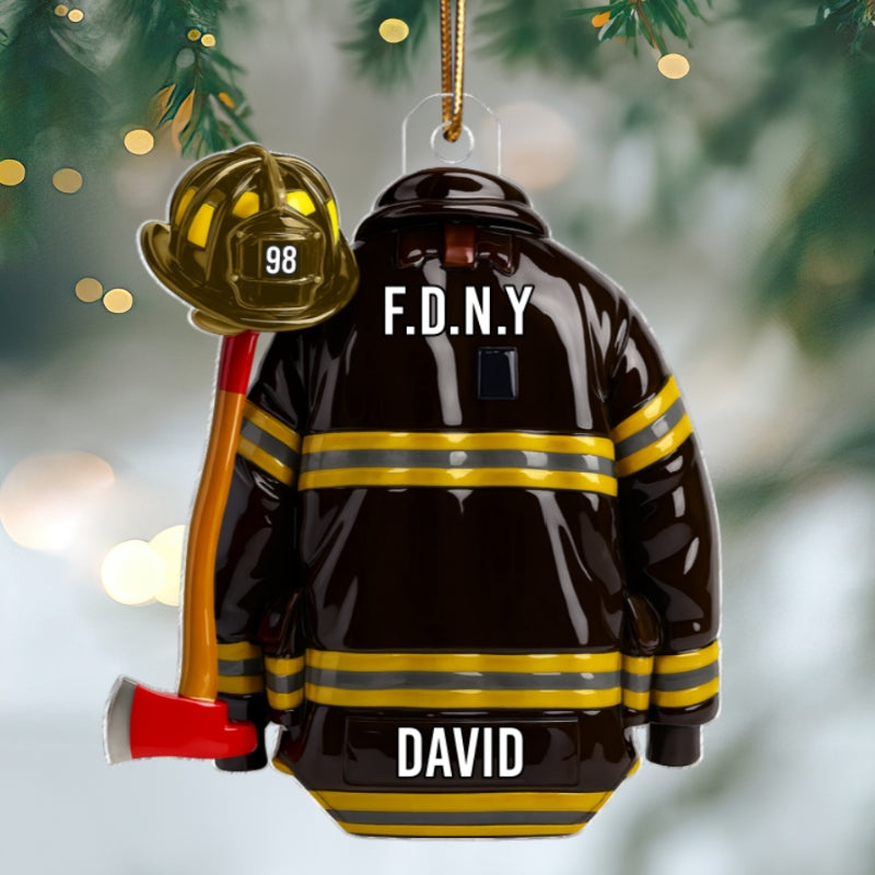 3D Effect Firefighter Coat, Helmet & Axe - Personalized Acrylic Ornament - Christmas Gift For Firefighter