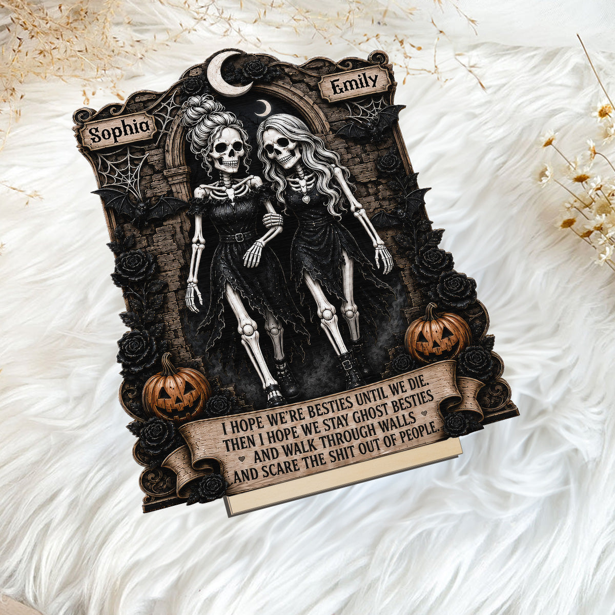Skeleton Besties Walk Through Wall & Scare People 2D Flat - Personalized 2-Layered Wooden Plaque - Funny Work Bestie Gift, Halloween Keepsake For Best Friends