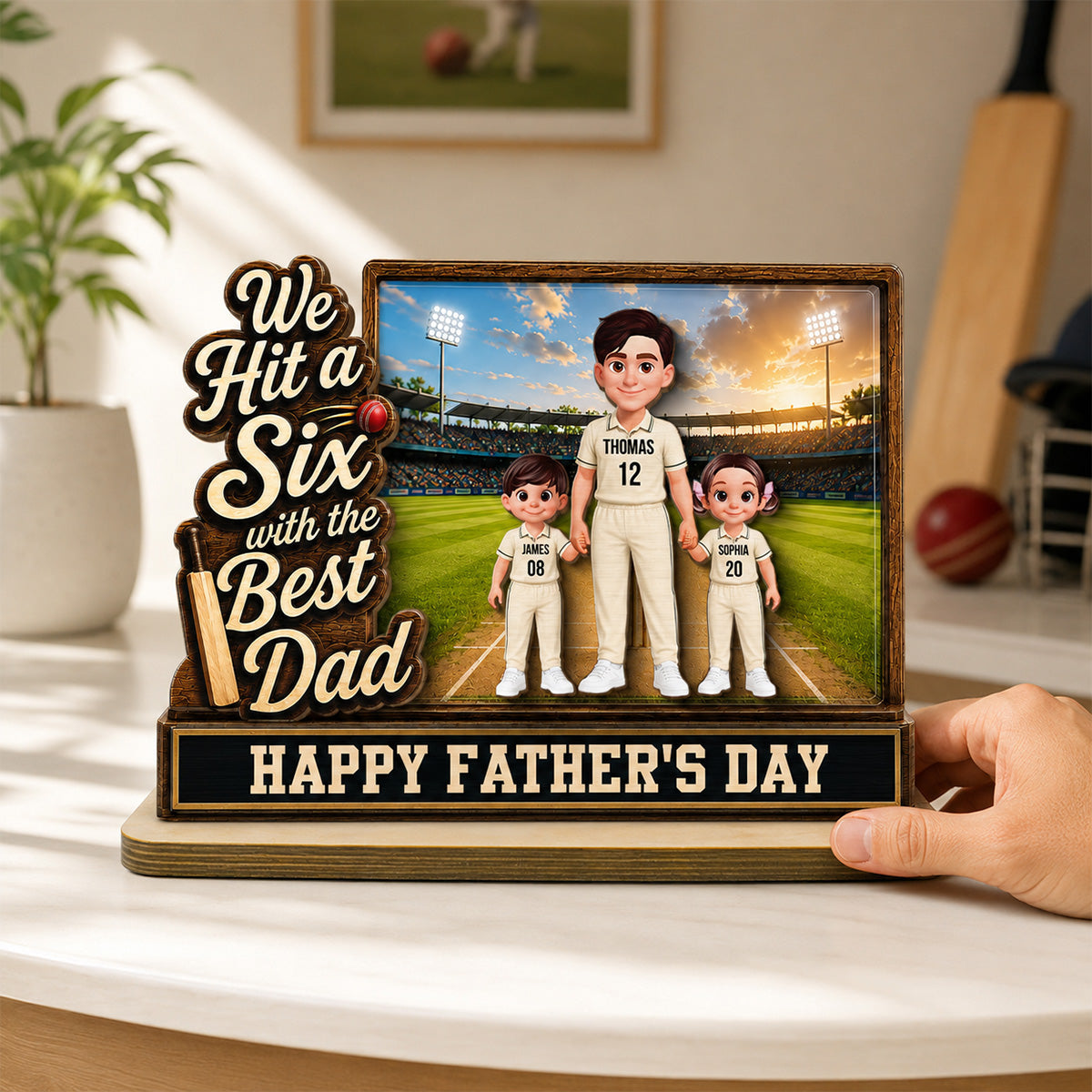 Hit A Six With The Best Dad Cricket Dad & Kids On Field 2D Flat - Personalised 2-Layered Wooden Plaque -  Gift For Husband, Dad