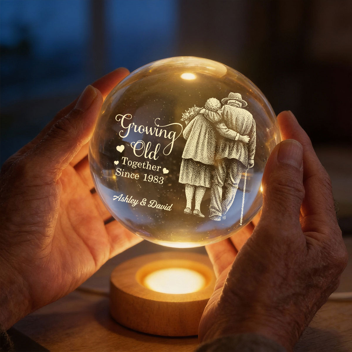 Eternal Love Old Couple Wanna Grow Old With You - Personalized Crystal Ball LED Night Light - Valentine's Day Gift For Couple