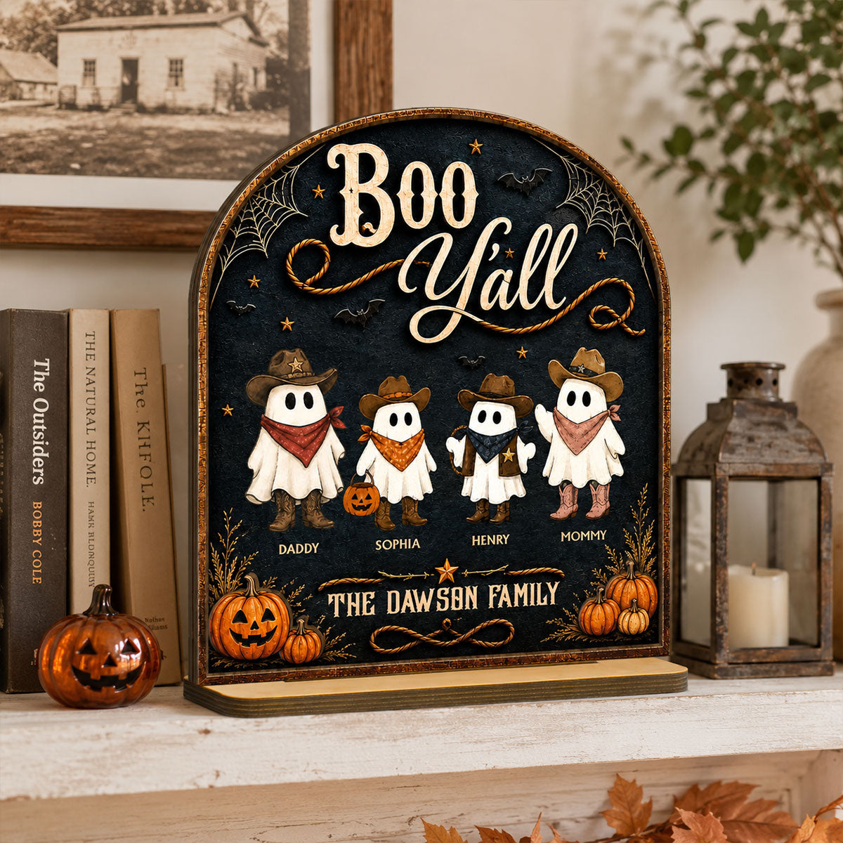 Boo Y'all Cowboy Ghost Family 2D Flat - Personalized 2-Layered Wooden Plaque - Western Country Vibe Halloween Decor