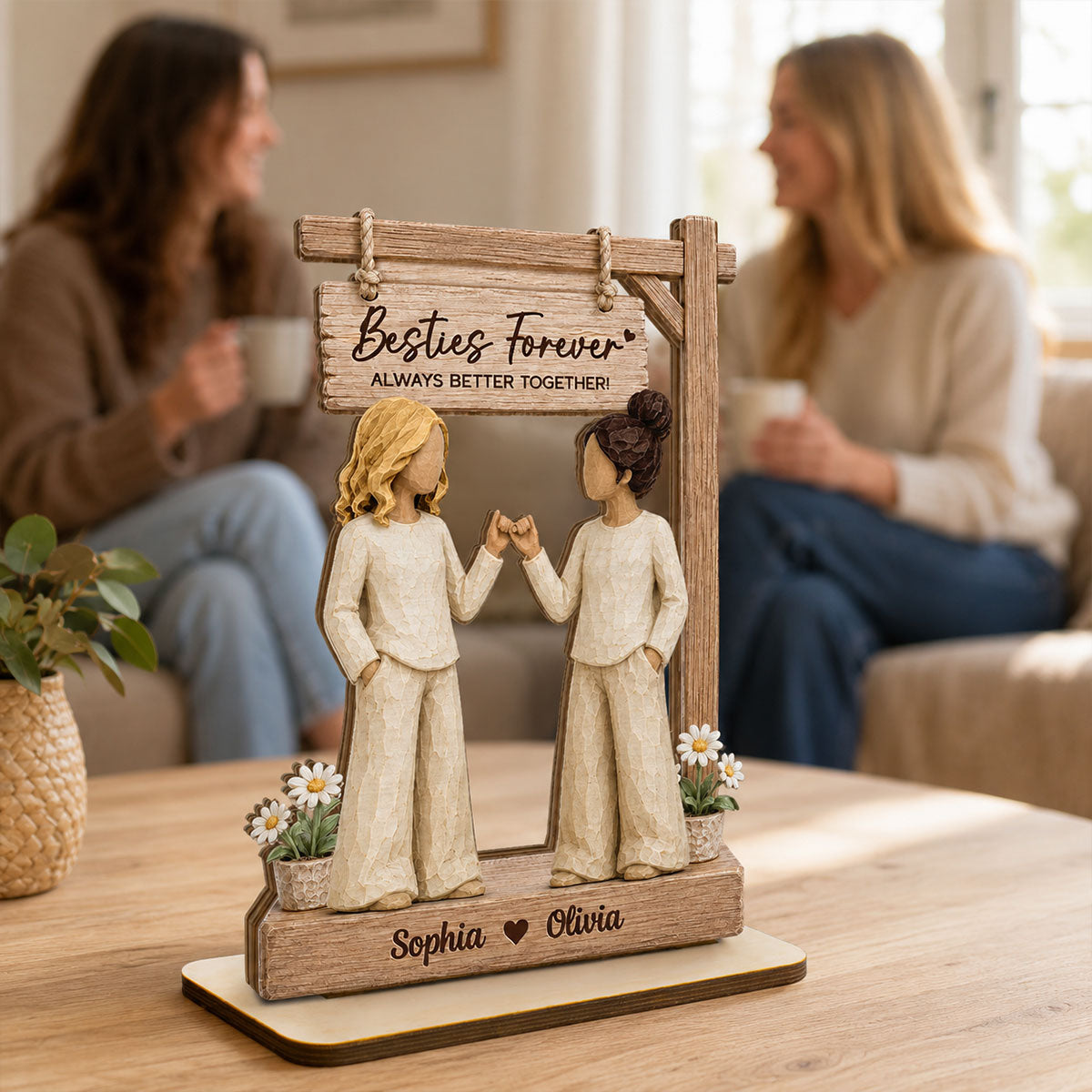 Besties Forever Pinky Promise Under Sign Post 2D Flat - Personalized 2-Layered Wooden Plaque - Friendship Keepsake