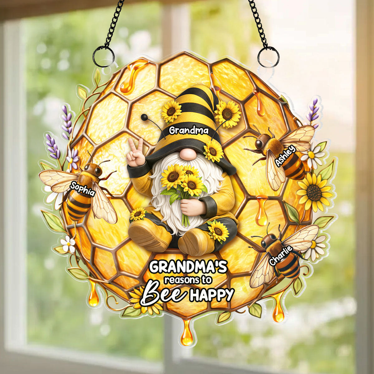 Grandma Grandkids Bee Happy - Personalized Suncatcher - Gift For Grandma