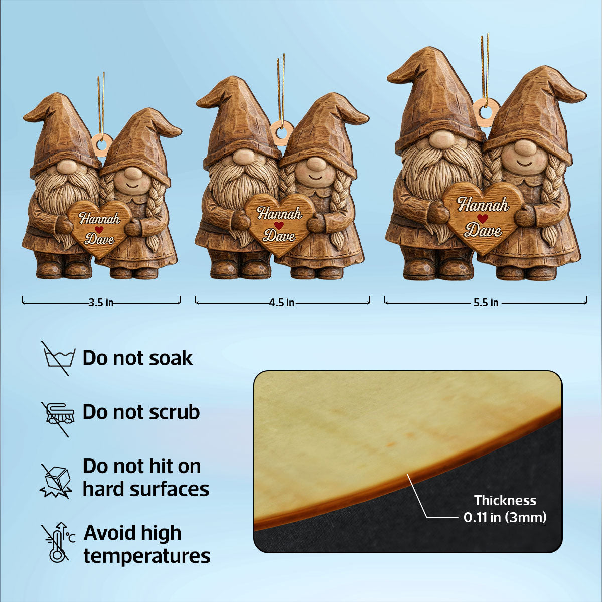 3D Effect Gnome Couple Standing - Personalized Wooden Ornament - Gift For Him, Gift For Her