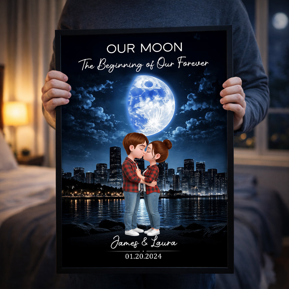 Couple Kissing Under the Moon Light City Skyline, Custom Moon Phase by Date - Personalized Poster - Sentimental Valentine's Day Gift for Her, for Him