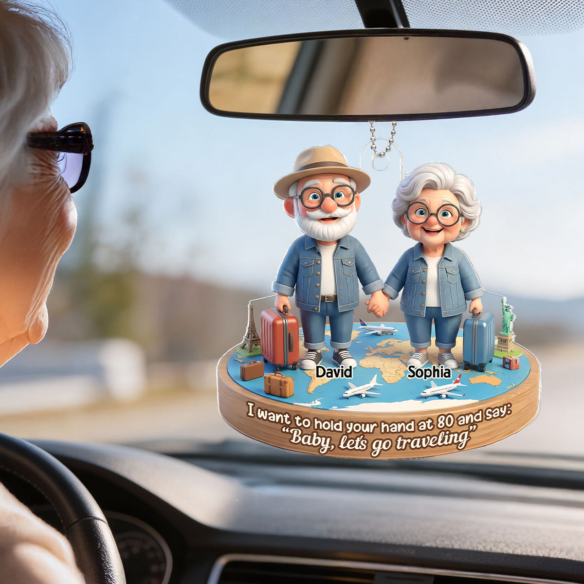 3D Effect Old Couple Baby Let's Go Traveling  - Personalized Acrylic Car Hanger - Sentimental Gift for him, for her
