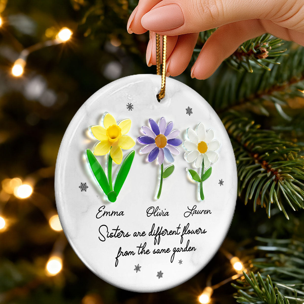 Sisters Are Different Flowers from the Same Garden, 3D Effect Sea Glass - Personalized Ceramic Ornament with Acrylic