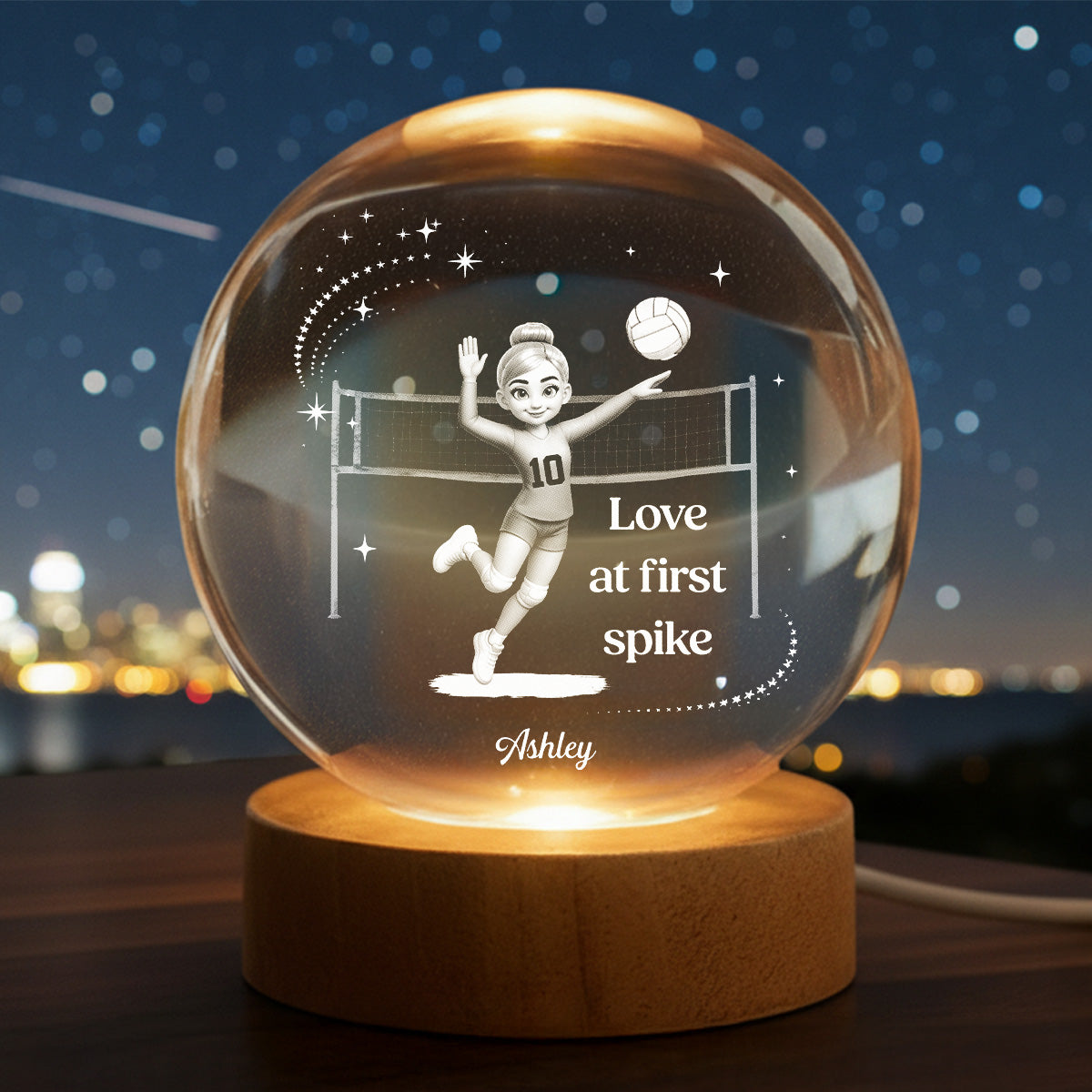 Love At First Spike Volleyball Player - Personalized Crystal Ball LED Night Light - Gift For Volleyball Players