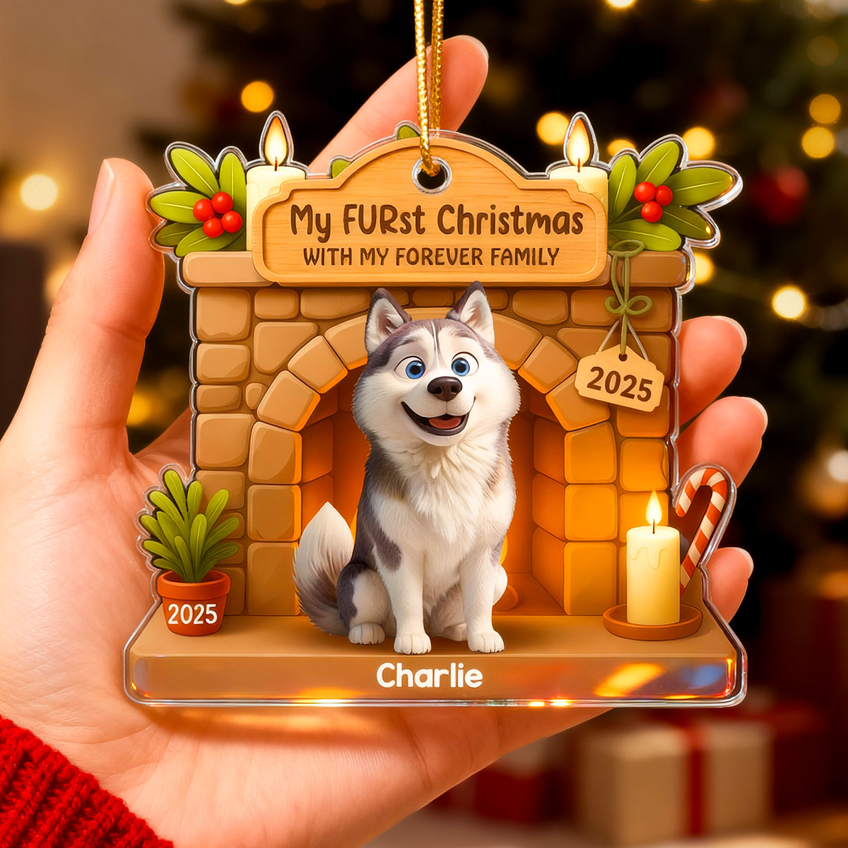 My FURst Christmas With Forever Family Cute Dog - Personalized Acrylic Ornament - Celebrate 1st Christmas Ornament Dog Lover