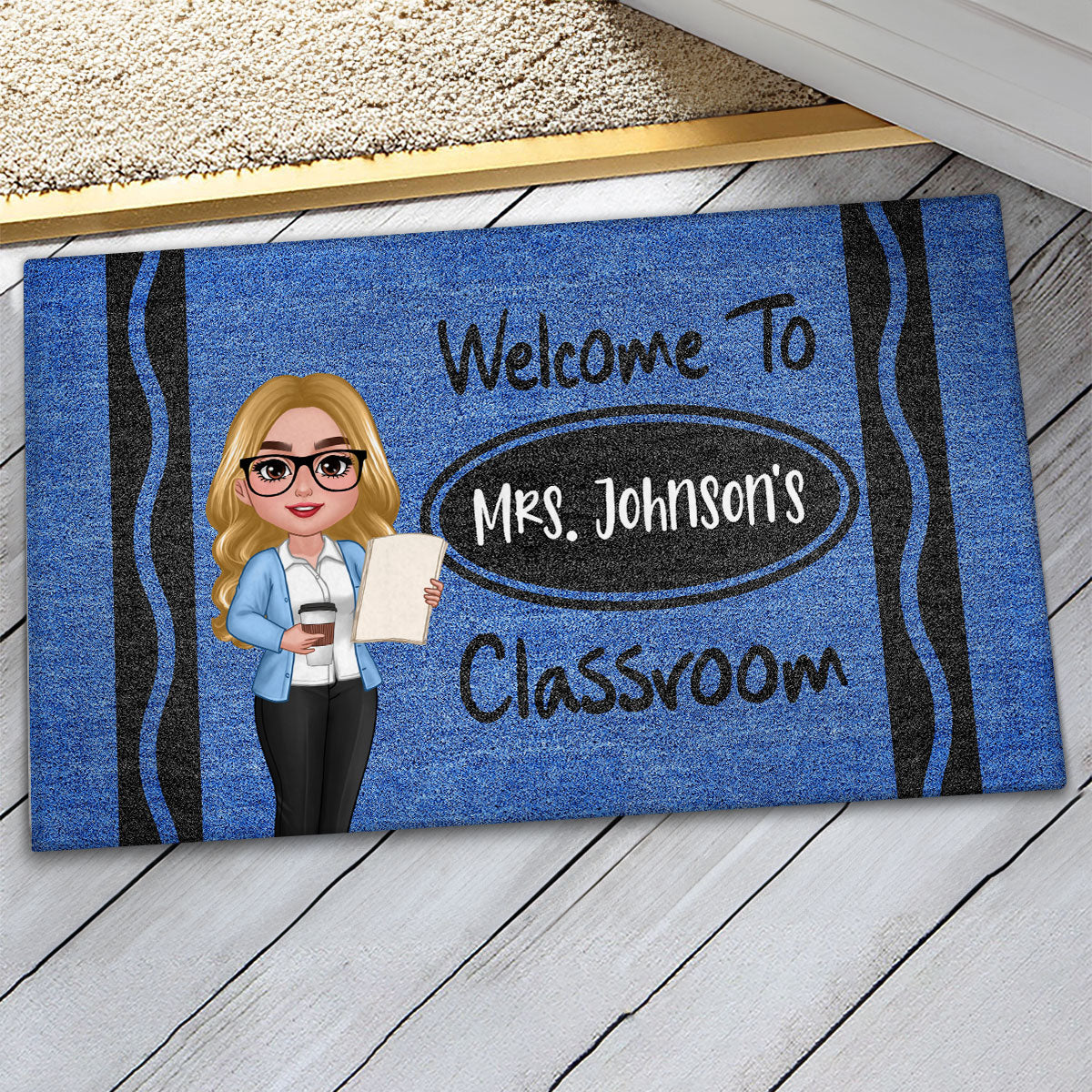 Male Female Teacher Crayon Pattern Welcome To Classroom Personalized Doormat| Back To School Gift, Classroom Decoration