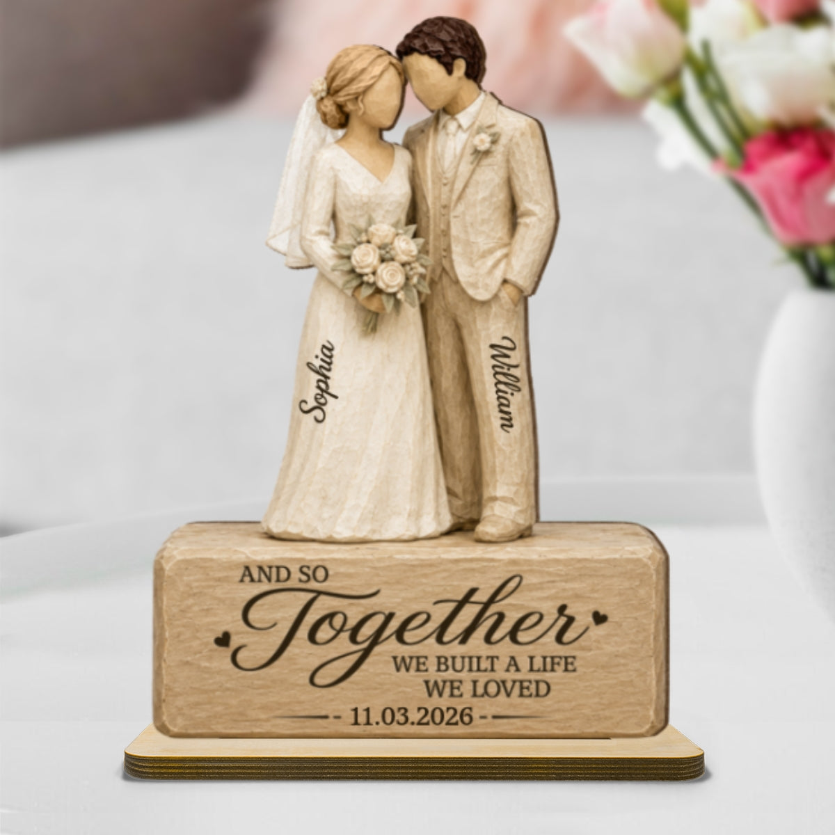 Wedding Couple 2D Flat - Personalized 2-Layered Wooden Plaque - Wedding Keepsake Gift For Couple