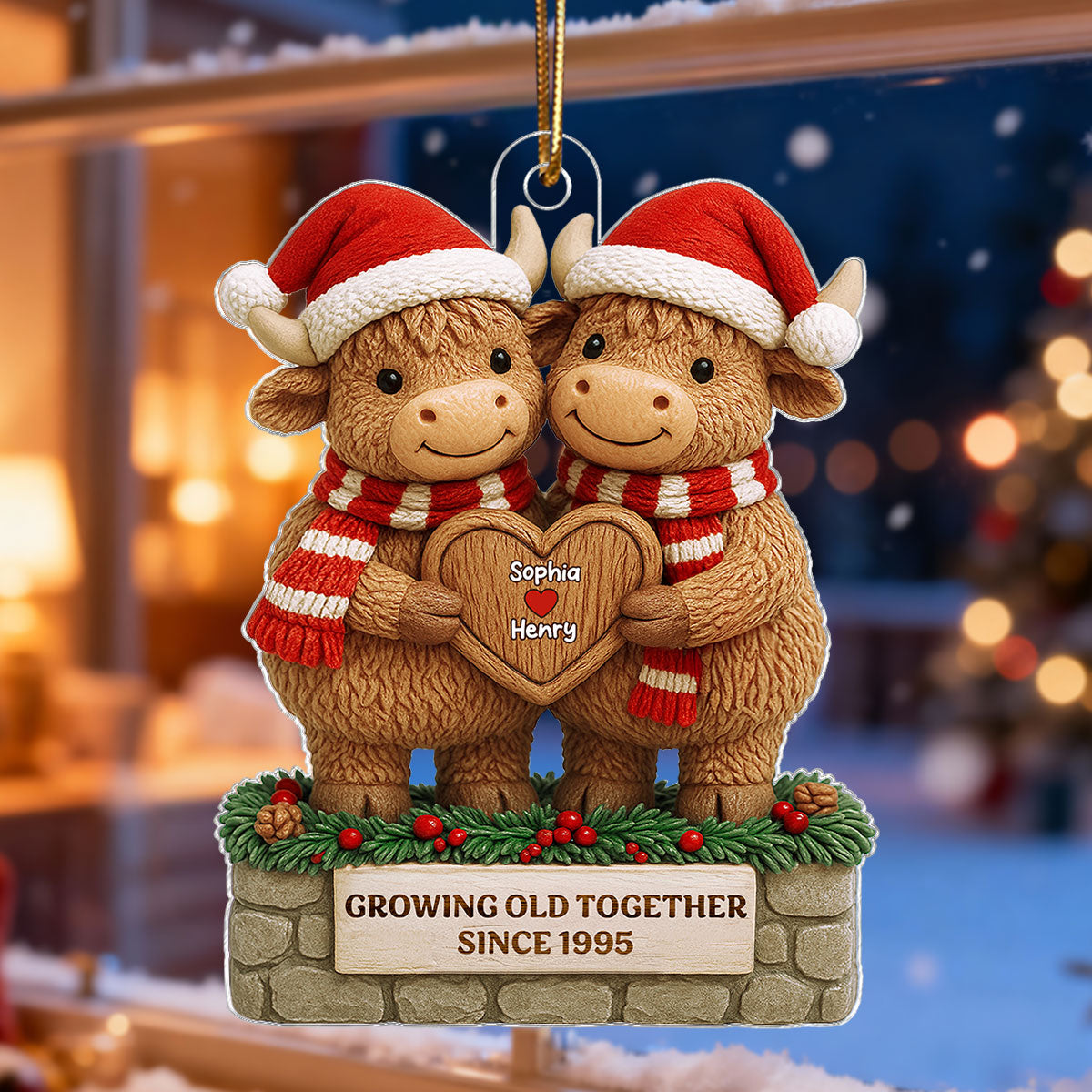 3D Effect Christmas Highland Cows Couple Growing Old Together - Personalized Acrylic Ornament - Gift For Couple