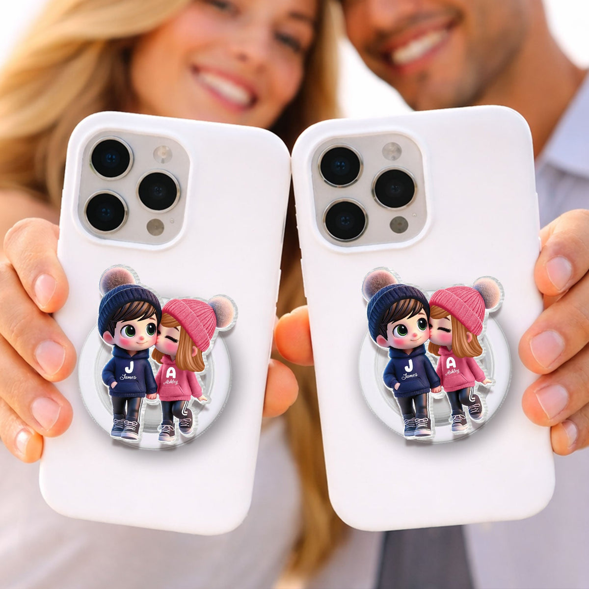 3D Effect Cute Cartoon Couple Walking - Personalized Acrylic Magnetic Phone Grip - Matching Phone Grips for Couples