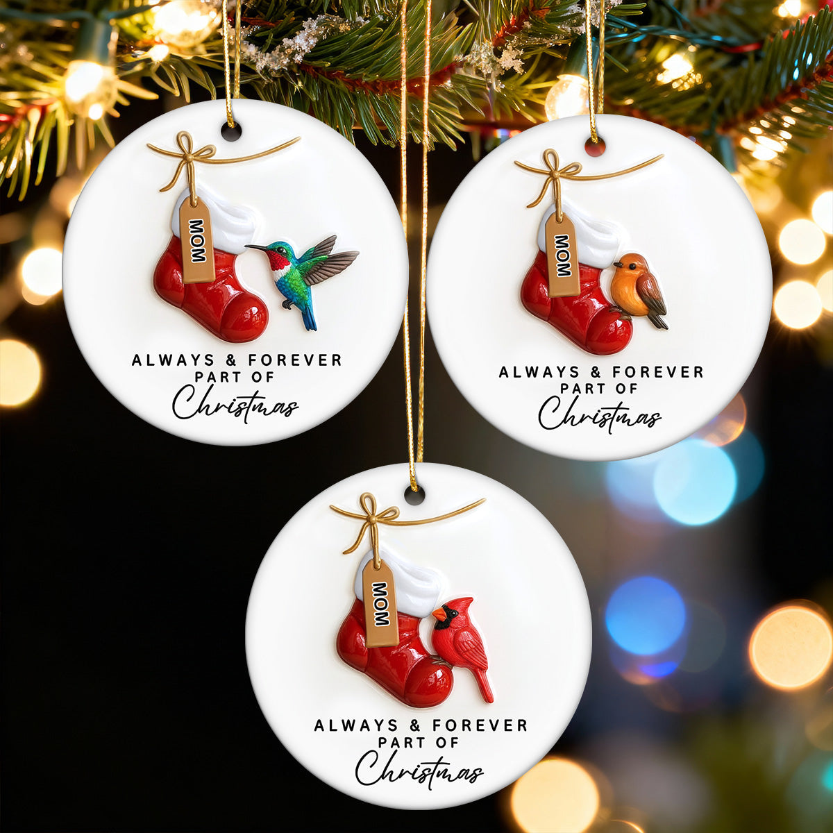 3D Effect Robin Cardinal On Stocking Always & Forever Part Of Christmas - Personalized Ceramic Ornament