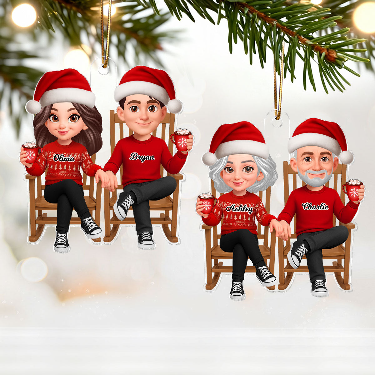 3D Effect Christmas Couple Sitting On Rocking Chair - Personalized Acrylic Ornament - Heartfelt Gift For Couple