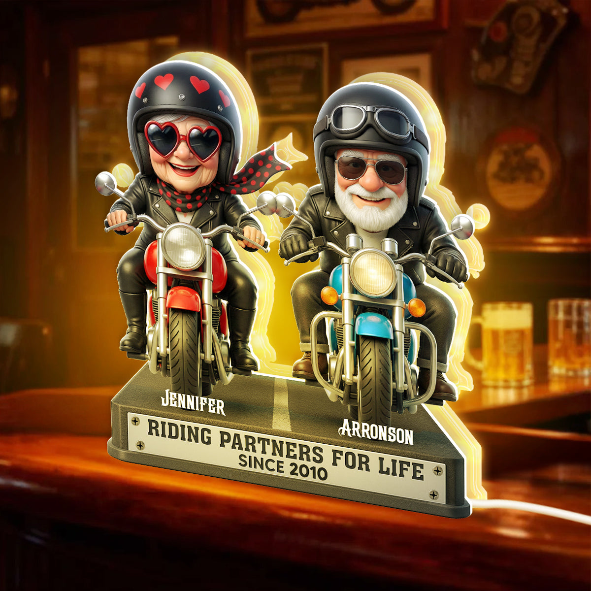 Old Biker Couple Riding Partners for Life - Personalized Light Box - Sentimental Gift for her, for him